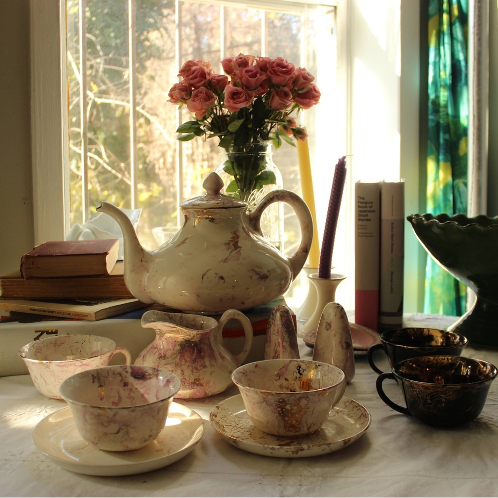 Sascha Brastoff surf ballet pink and gold teapot set. MCM.